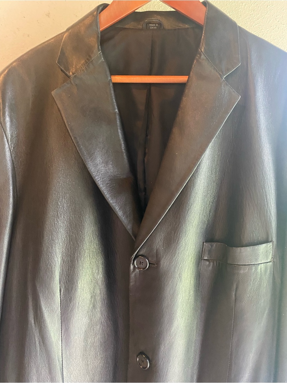 Vintage Alfani Men's Genuine Leather Trench Car Coat XL Black 3-Button Jacket